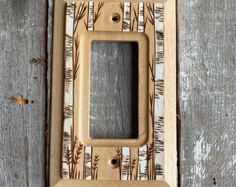 Wooden single GFI/Toggle light switch cover with wood burned Birch Trees