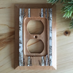 Wooden single outlet wall plate cover wood burned birch tree & water colored design