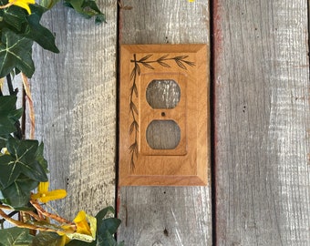 Wooden single outlet wall plate cover wood burned The Trailing Vine leaves nature home decor rustic cabin decor cottage decor handmade