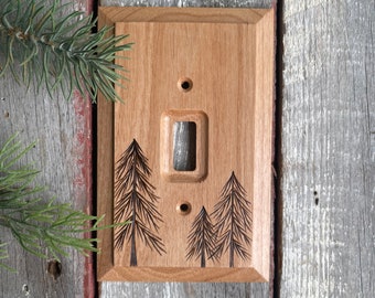 Wooden single light switch cover wood burned pine tree forest