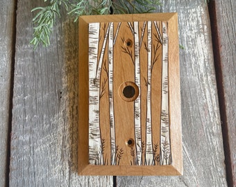 Wooden single cable Jack wall cover with wood burned Birch Trees water colored
