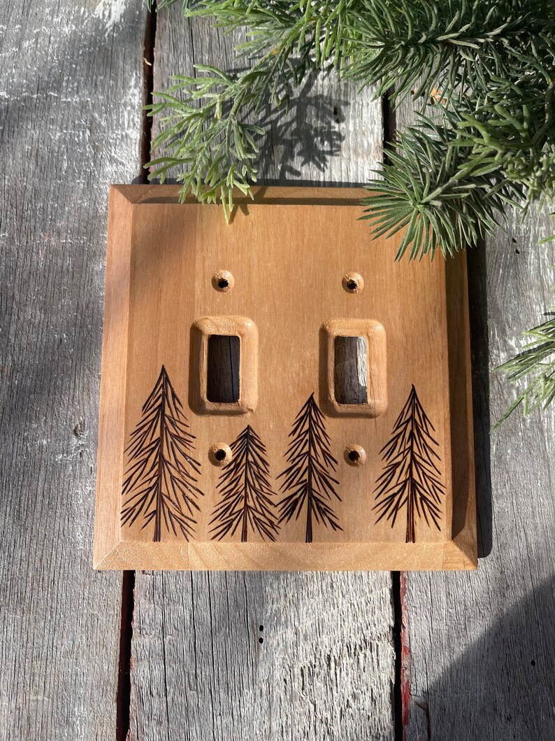Wooden Double Toggle Light Switch Cover Wood Burned Pine Tree Forest ...