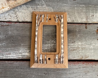 Wooden single GFI/Toggle light switch cover with wood burned Birch Trees