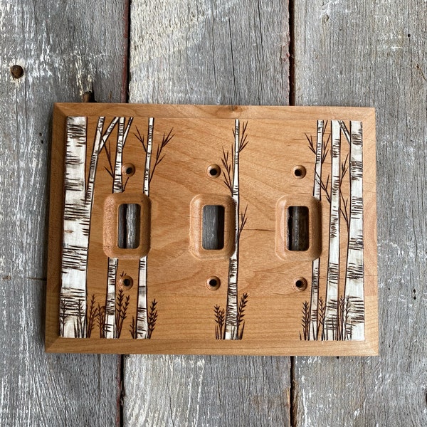 Wooden triple light switch cover with wood burned & water colored birch trees
