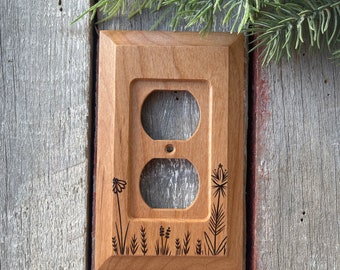 Wooden single outlet duplex wood burned wall plate wildflowers