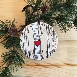 Basswood ornament, Birch Trees, Handcrafted, Love, Heart, made in Wisconsin, Basswood Tree, Christmas Ornament, Wood burned, Rustic Ornament