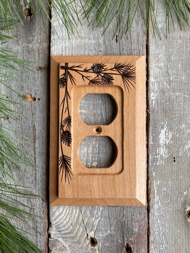 Wooden single outlet wall plate cover with wood burned pine & Etsy