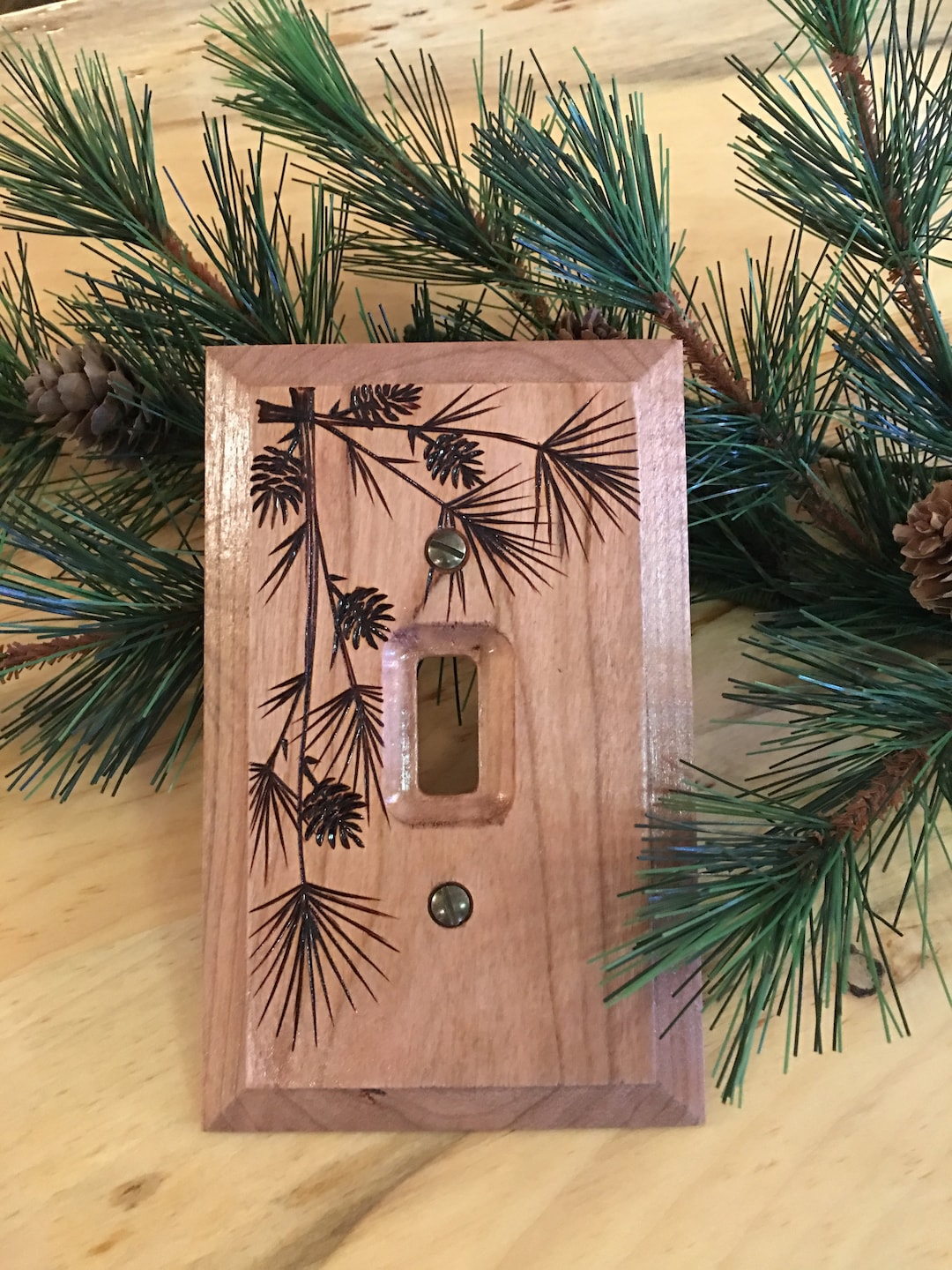 Wooden Light Switch Cover With Wood Burned Pine and Cones Etsy