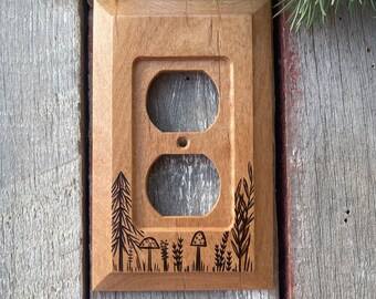 Wooden single outlet duplex wall cover Wood burned designs mushrooms Wildflowers tree nature forest outdoors branches