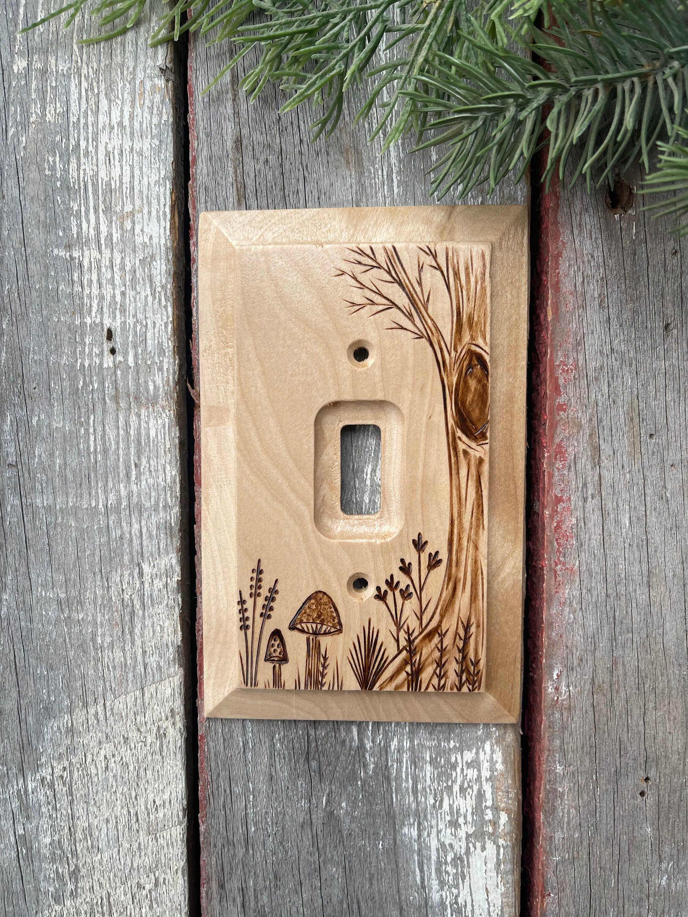 Wooden single switch wall plate cover Woodburning mushrooms wildflowers Tree
