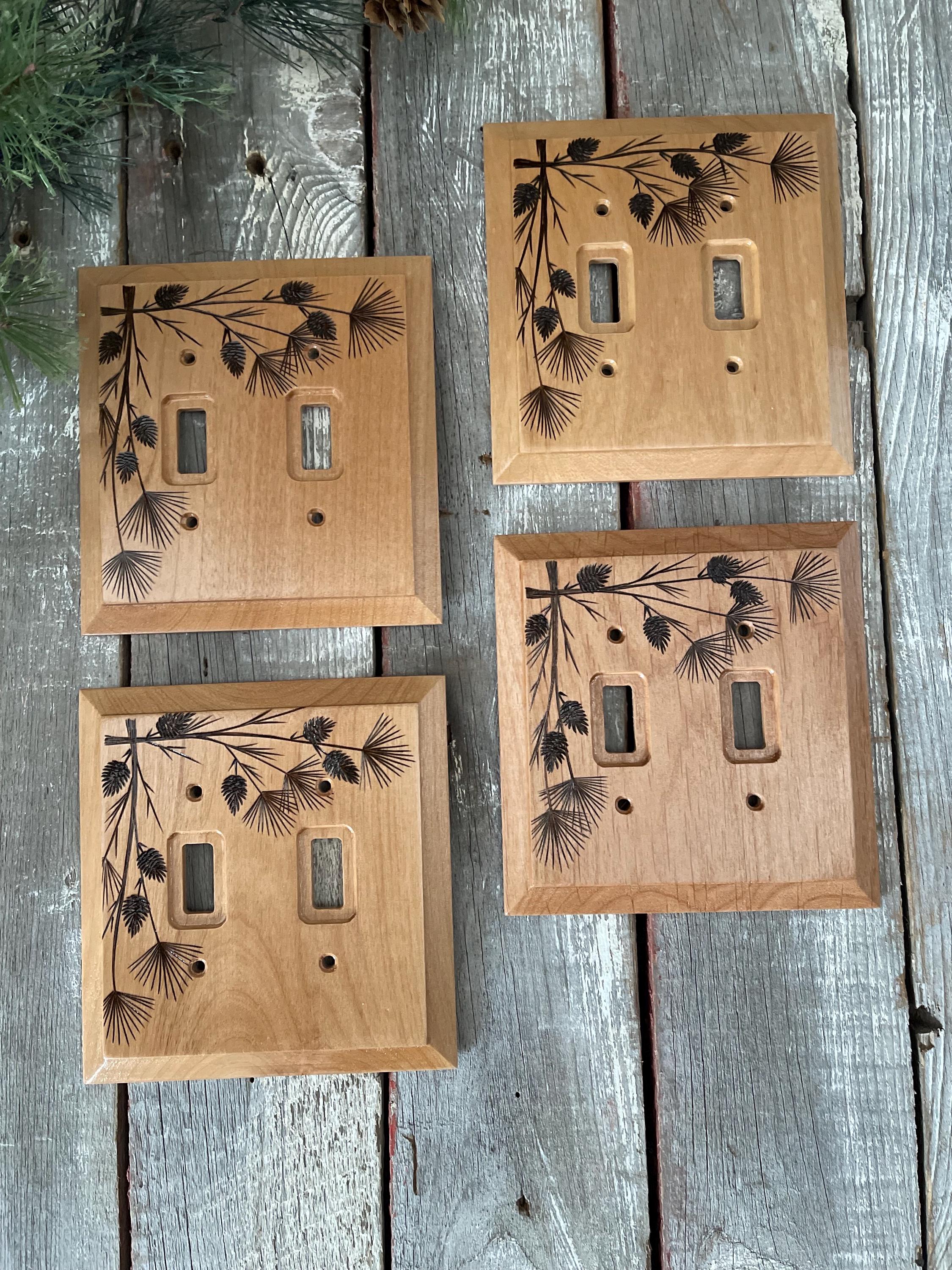 Wooden Double Light Switch Cover, Wood Burned, Pine and Pinecones