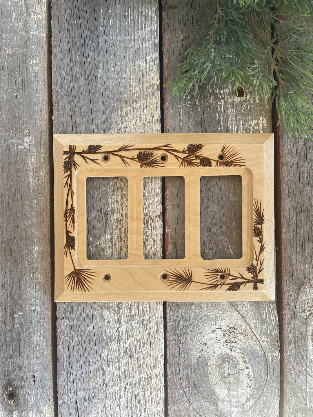 Wooden Triple GFI Toggle Switch Plate Cover With Wood Burned Pine and
