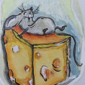 Ilustração original de um rato e um pedaço de queijo