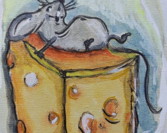 Original illustration of a mouse and a piece of cheese