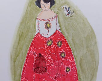 Ève avec cage à oiseaux, illustration originale