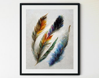 Feather Prints, Feather Printable, 3 Feathers, Feather Art, Feather Wall Art, Feather Poster, Vintage Feather Print, Rustic Wall Art