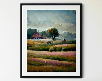 Country Landscape Painting, Spring Meadow Painting, Country Field Printable, Spring Printable Wall Art, Spring Art, Spring Landscape Print