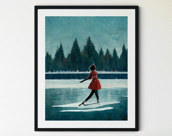 Woman Ice Skating Print, Ice Skating Wall Art, Ice Skating Decor, Winter Wall Art, Christmas Art, Ice Skating Painting, Winter Prints