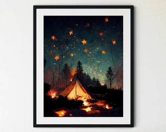Camping at Night Painting, Camp Fire Print, Original Artwork, Camping under the Stars, Camping Print, Cabin Decor, Campfire Painting