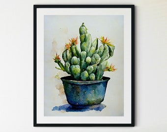 May include: Watercolor painting of a green cactus with orange flowers in a blue pot. The painting is framed in black and hanging on a white wall.