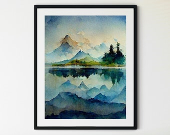 Pode incluir: Uma pintura a aquarela emoldurada que representa uma cordilheira refletida em um lago tranquilo. As montanhas são de um azul profundo e verde, com um toque de laranja no céu. O lago é de um azul claro, e o reflexo das montanhas é claro e nítido.