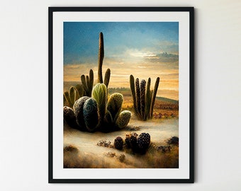Western Desert Landscape Print, Cactus Prints, Cactus Wall Art, Desert Print, Boho Prints, Moon Prints, Desert Poster, Western Prints