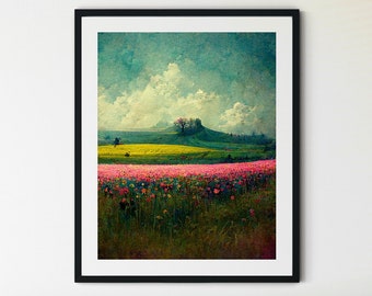 Spring Printable Wall Art, Spring Meadow Painting, Vintage Landscape Print, Country Field Printable, Spring Prints, Spring Landscape Print