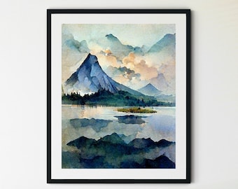 Pode incluir: Uma pintura a aquarela de uma cordilheira refletida em um lago. As montanhas são azuis e verdes, e o céu é um azul suave com nuvens brancas. O lago é azul profundo, e o reflexo das montanhas é claro e nítido.