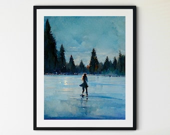 Woman Ice Skating Print, Ice Skating Wall Art, Ice Skating Decor, Winter Wall Art, Christmas Art, Ice Skating Painting, Winter Prints