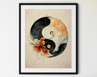Yin Yang afdrukbare kunst aan de muur, abstracte Yin Yang print, boho kunst aan de muur, jaren 70 kunst aan de muur, zen kunst aan de muur, zen print, spirituele kunst print, taoïsme kunst