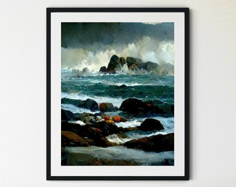 Ocean Print, Seaside Painting, Coastal Prints, Coastal Oil Painting, Vintage Coastal Wall Art, Beach Landscape Print, Contemporary Ocean Art