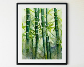 Bamboo Print, Bamboo Painting, Bamboo Wall Art, Green Bamboo, Watercolor Bamboo, Bamboo Art, Zen Wall Art, Zen Decor, Bamboo Decor, Zen Art