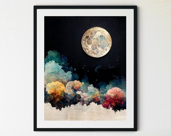 Night Moon Print Wall Art, Moon Wall Art with Plants, Boho Moon Print, Moon Phase Print, Moon Nursery Print, Night Sky Print,Astronomy Print