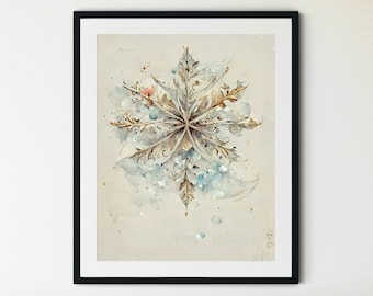 Snowflake Print, Snowflake Printable, Snowflake Art Print, Christmas Prints, Silver Snowflake Print, Winter Wall Decor, Winter Prints