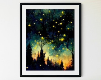 Firefly Print, Night Sky Print, Firefly Art, Beautiful Night Sky, Night Sky Wall Art, Forest Art, Forest Prints, Woodland Art, Magical Art