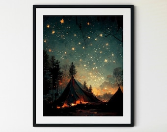 Camping at Night Painting, Camp Fire Print, Original Artwork, Camping under the Stars, Camping Print, Cabin Decor, Campfire Painting