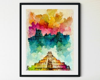 Chichen Itza Wall Art, Chichen Itza Mexico Travel Print, Chichen Itza Pyramid Watercolor Print, Chichen Itza Print, Maya Pyramid Artwork