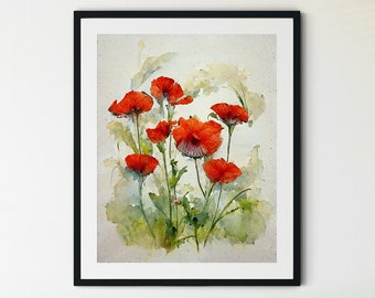 Red Poppies Print, Poppy Flowers Art, Poppies Watercolor, Abstract Poppy, Poppy Wall Art, Farmhouse Wall Decor, Poppy Painting, Red Flowers