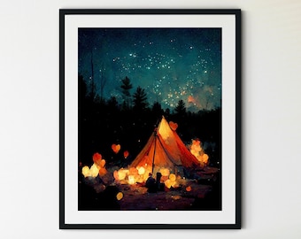 Camping at Night Painting, Camp Fire Print, Original Artwork, Camping under the Stars, Camping Print, Cabin Decor, Campfire Painting