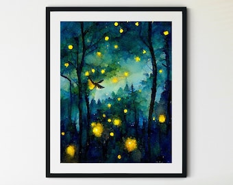 Firefly Print, Night Sky Print, Firefly Art, Beautiful Night Sky, Night Sky Wall Art, Forest Art, Forest Prints, Woodland Art, Arte Mágico
