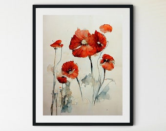 Red Poppies Print, Poppy Flowers Art, Poppies Watercolor, Abstract Poppy, Poppy Wall Art, Farmhouse Wall Decor, Poppy Painting, Red Flowers