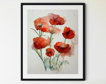 Red Poppies Print, Poppy Flowers Art, Poppies Watercolor, Abstract Poppy, Poppy Wall Art, Farmhouse Wall Decor, Poppy Painting, Red Flowers