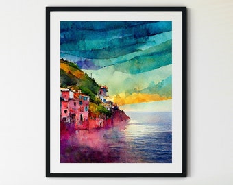 Cinque Terre Printable Wall Art, Cinque Terre Wall Art, Cinque Terre Painting, Italian Coastline Print, Cinque Terre Art Print