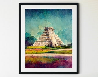 Chichen Itza Wall Art, Chichen Itza Mexico Travel Print, Chichen Itza Pyramid Watercolor Print, Chichen Itza Print, Maya Pyramid Artwork
