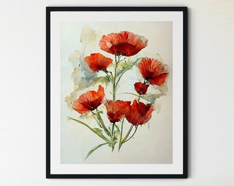 Red Poppies Print, Poppy Flowers Art, Poppies Watercolor, Abstract Poppy, Poppy Wall Art, Farmhouse Wall Decor, Poppy Painting, Red Flowers