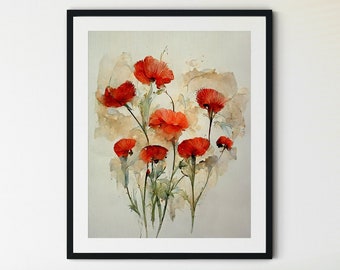 Red Poppies Print, Poppy Flowers Art, Poppies Watercolor, Abstract Poppy, Poppy Wall Art, Farmhouse Wall Decor, Poppy Painting, Red Flowers