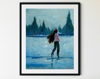 Impression de patinage sur glace de femme, art de mur de patinage sur glace, décor de patinage sur glace, art de mur d'hiver, art de Noel, peinture de patinage sur glace, impressions d'hiver