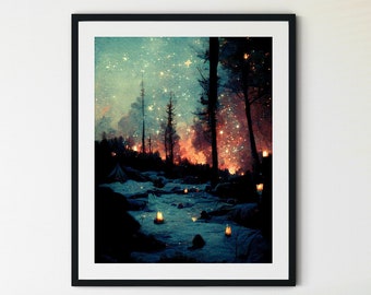 Camping en la pintura nocturna, impresión de fuego de campamento, obra de arte original, camping bajo las estrellas, impresión de camping, decoración de cabina, pintura de fogata