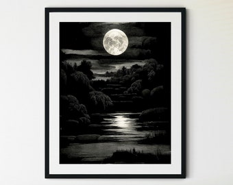 Night Moon Print Wall Art, Moon Wall Art with Plants, Boho Moon Print, Moon Phase Print, Moon Nursery Print, Night Sky Print,Astronomy Print