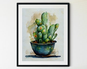 May include: Watercolor painting of a green cactus plant in a blue pot. The painting is framed and hanging on a white wall in a living room setting.